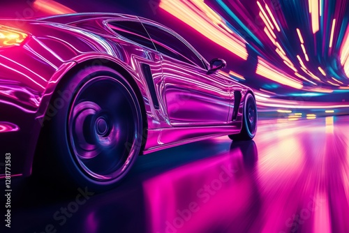 Vibrant night scene of a racing car speeding through neon light trails in a futuristic city setting