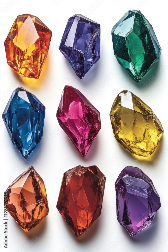 Fototapeta premium Collection of Colorful Gemstones on White Backdrop Showcasing Faceted Surfaces and Translucent Textures with Bright Lighting and Clean Aesthetic