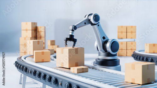 Wallpaper Mural 3D render Robotic arm handling cardboard boxes on conveyor belt in a modern warehouse Torontodigital.ca