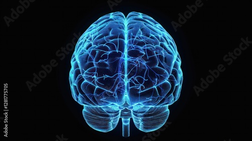 Blue human brain silhouette on black background glowing lighting shine.