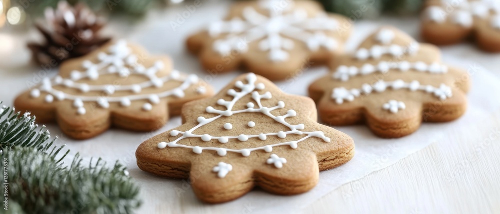 Festive Christmas Tree Gingerbread Cookies with White Icing on a Bright Tabletop Holiday Baking Scene Festive Christmas Tree Gingerbread Cookies with White Icing on a Bright Tabletop Holiday Baking Scene