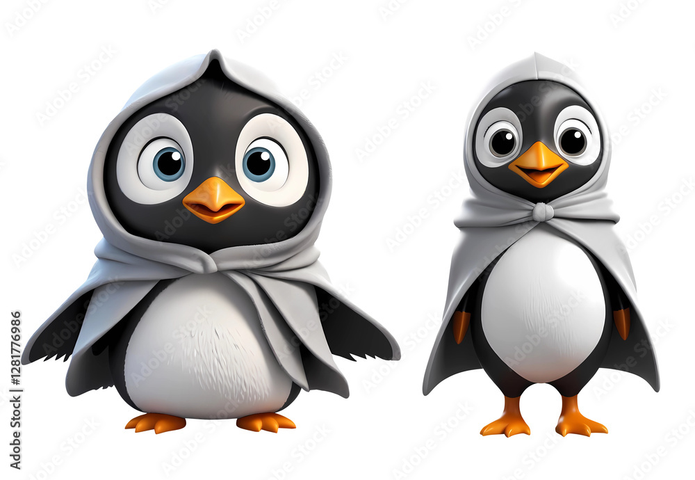 Obraz premium 3d rendering cute black and white penguin wearing hooded cloak cartoon characters isolated on transparent background, PNG file add