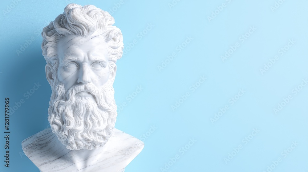 Marble bust, serene expression, blue background, art history Marble bust, serene expression, blue background, art history
