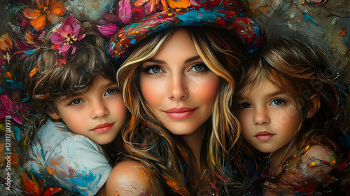 Mother and children portrait, paint background, family love, artistic, home decor