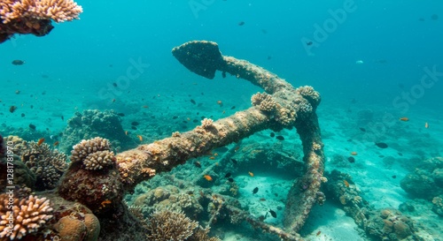 Sunken anchor becomes thriving coral reef ecosystem underwater photo