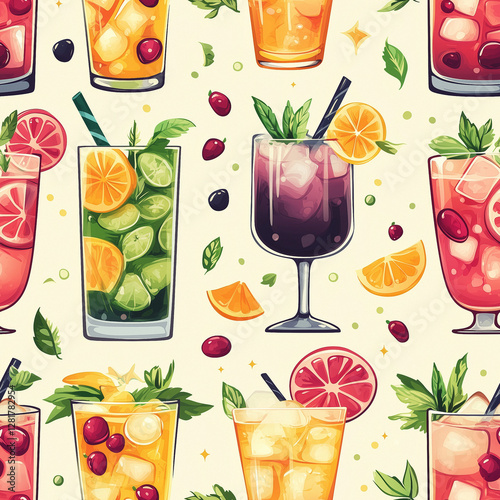 Summer cocktail and fruits seamless pattern illustration