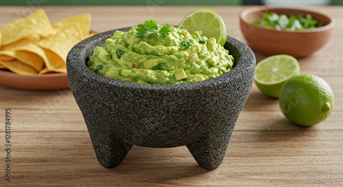 Fresh Guacamole in Stone Molcajete with Tortilla Chips and Limes