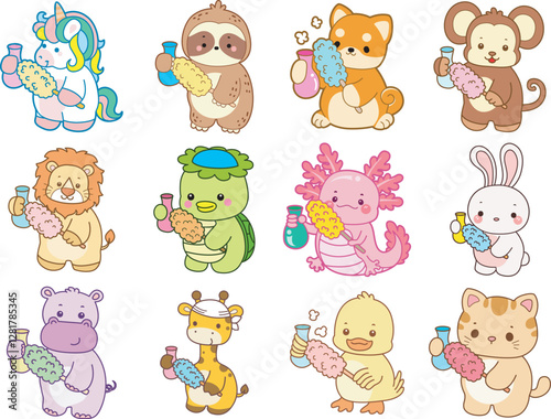 Set Vector Stock Illustrations Isolated of Baby Animals.
Cute animals with various activities.
Funny sticker of animal kids.