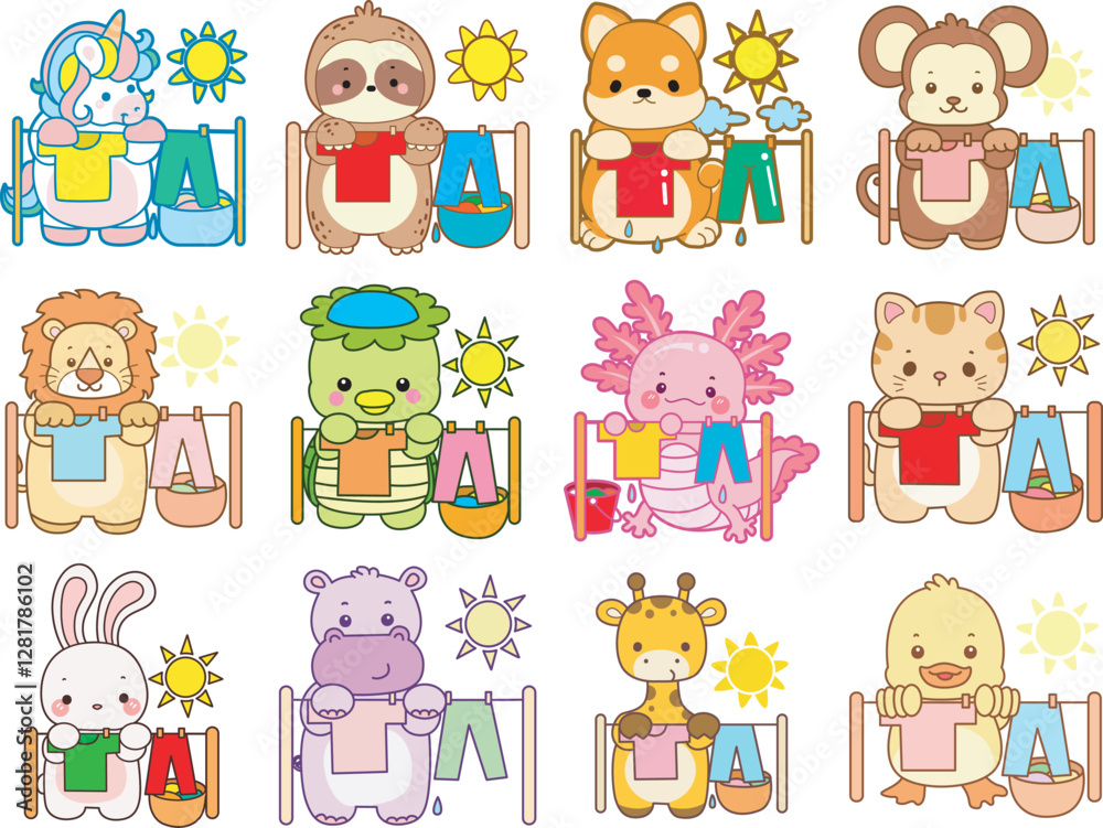 Fototapeta premium Set Vector Stock Illustrations Isolated of Baby Animals. Cute animals with various activities. Funny sticker of animal kids.
