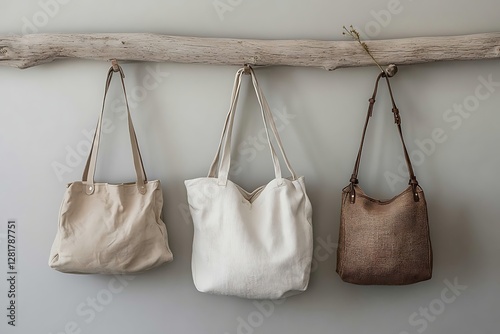 Three bags hang on driftwood, minimalist background, home decor