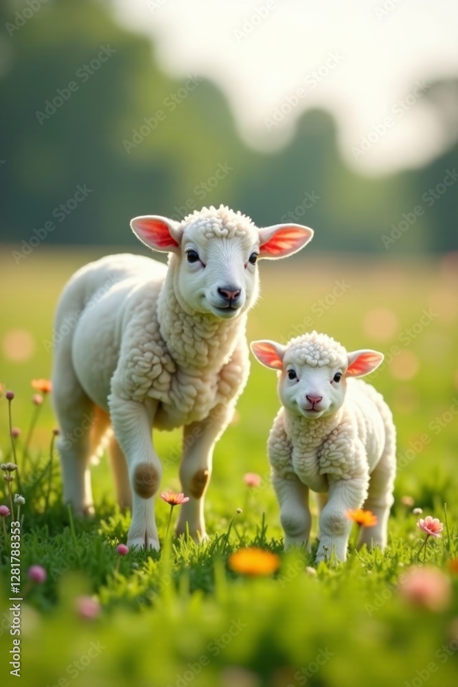 Sheep and adorable lamb grazing in the field with flowers, petting zoo scene, farm photography, organic farming Sheep and adorable lamb grazing in the field with flowers, petting zoo scene, farm photography, organic farming