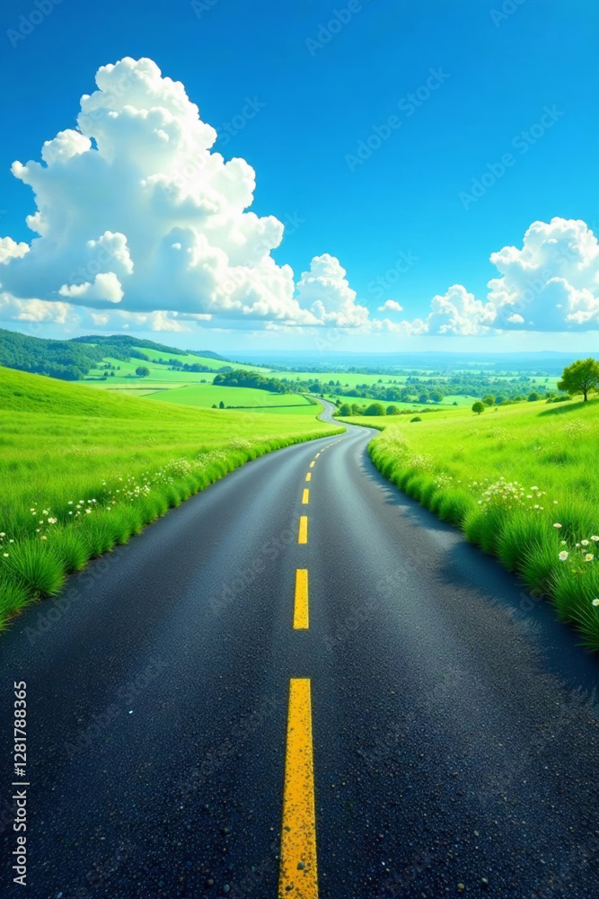 Seamless asphalt road through green meadow and blue sky with fluffy clouds, natural scenery, summer day, serene landscape Seamless asphalt road through green meadow and blue sky with fluffy clouds, natural scenery, summer day, serene landscape