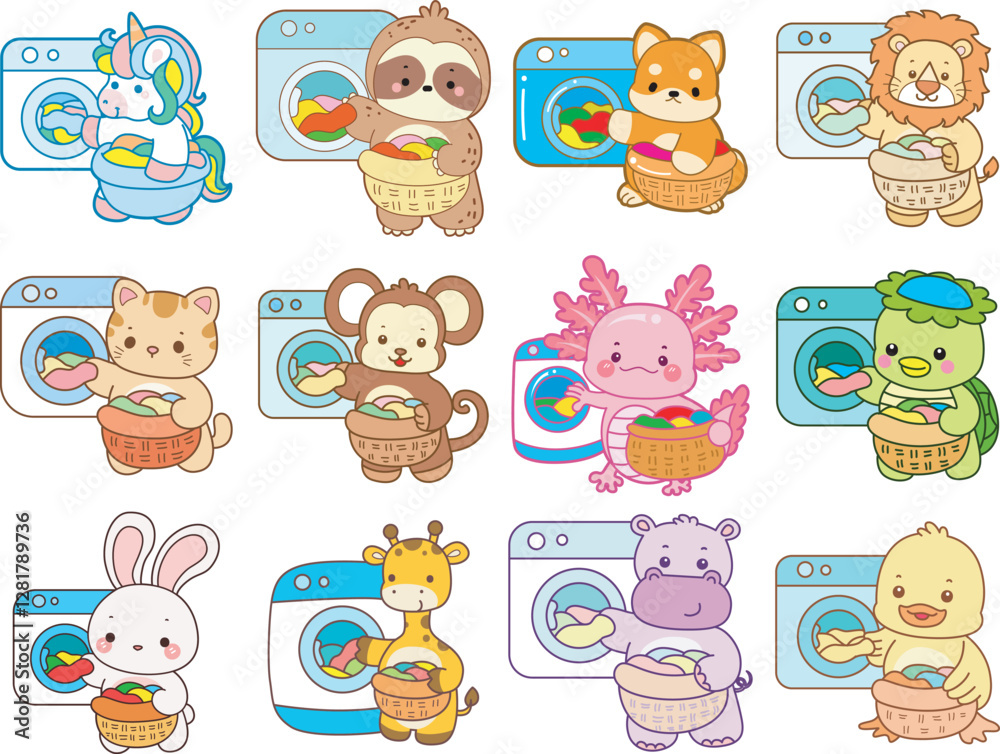 Obraz premium Set Vector Stock Illustrations Isolated of Baby Animals. Cute animals with various activities. Funny sticker of animal kids.