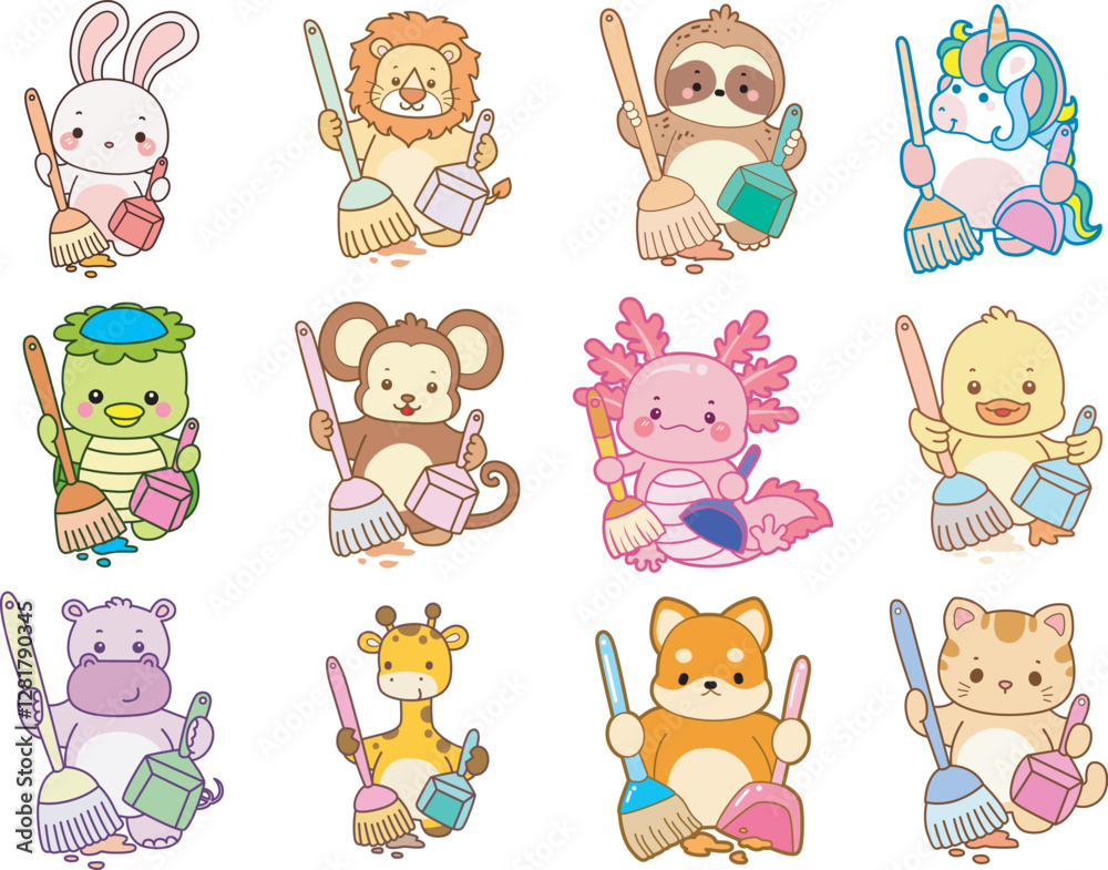 Fototapeta premium Set Vector Stock Illustrations Isolated of Baby Animals. Cute animals with various activities. Funny sticker of animal kids.