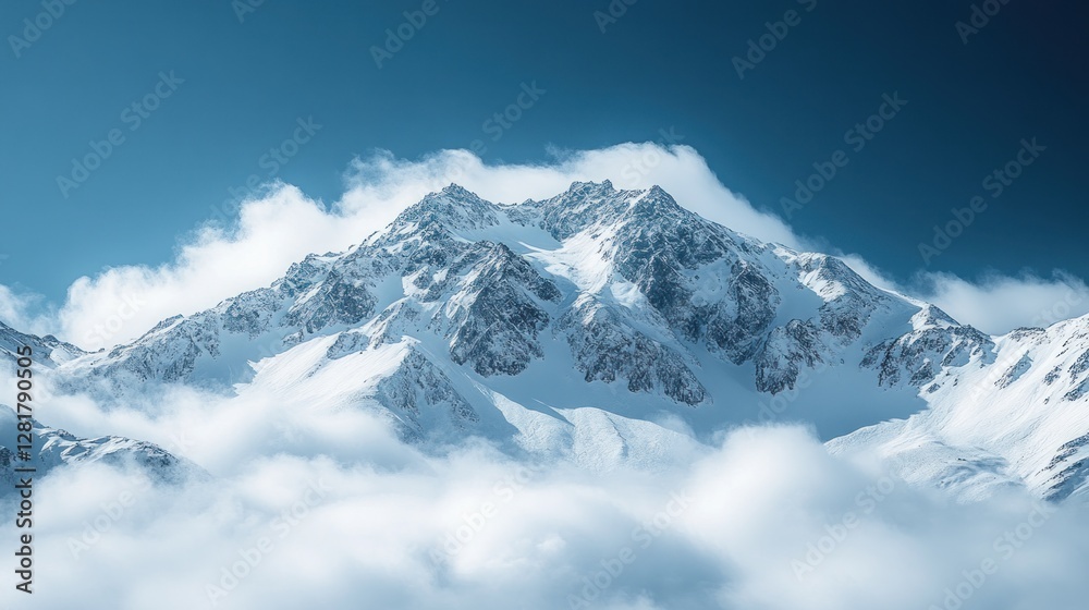 Obraz premium Majestic snow-capped mountain peak piercing through clouds under a vibrant blue sky.