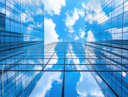 Upward Gaze at Modern Skyscrapers Reflecting a Brilliant Blue Sky with Fluffy White Clouds