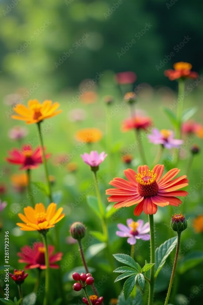 Vibrant wildflowers in a meadow with greenery and berries, meadow flowers, wild herbs, summer elements Vibrant wildflowers in a meadow with greenery and berries, meadow flowers, wild herbs, summer elements
