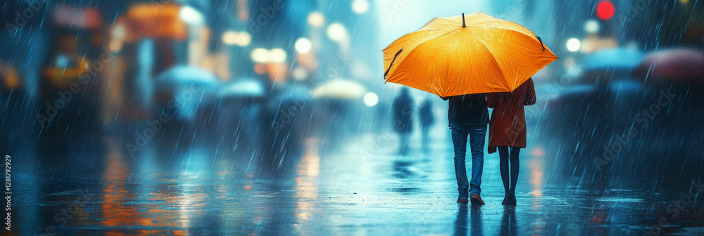 A tranquil rainy scene of a couple walking under a yellow umbrella, with old town streets drenched in rain and softened by the blur of the background, creating a romantic and calming ambiance, banner