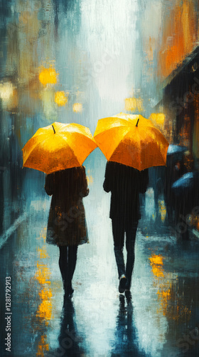 Two people, each holding a yellow umbrella, stroll through a rain-drenched provincial town street, the blurred surroundings adding to the calm and relaxed atmosphere in soft, muted tones