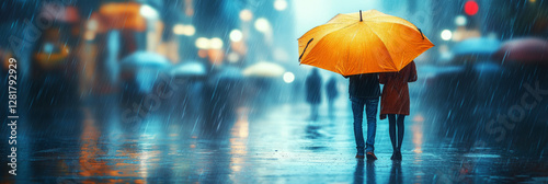 Obraz na płótnie A tranquil rainy scene of a couple walking under a yellow umbrella, with old town streets drenched in rain and softened by the blur of the background, creating a romantic and calming ambiance, banner w salonie