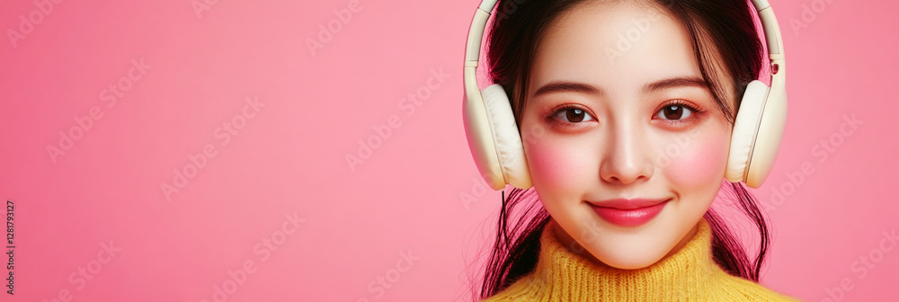 A playful portrait of an Asian girl smiling as she listens to music or studies, with headphones on her head and a soft pink background reflecting a calm, joyful atmosphere, banner