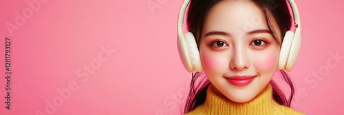 Obraz na płótnie A playful portrait of an Asian girl smiling as she listens to music or studies, with headphones on her head and a soft pink background reflecting a calm, joyful atmosphere, banner w salonie