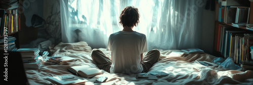 The teenager, isolated and contemplative, sits on a bed surrounded by scattered books and a phone, with soft lighting and muted colors enhancing the feeling of quiet sadness, banner