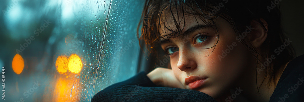 A reflective, emotional portrait shows a teenager sitting by a rainy window, lost in thought, with raindrops streaking down the glass and soft light casting shadows,concept of teenage problems, banner