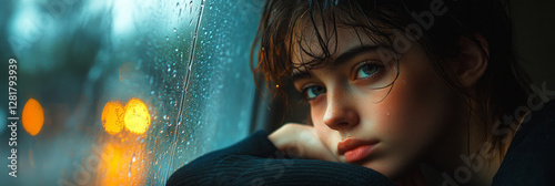 Obraz na płótnie A reflective, emotional portrait shows a teenager sitting by a rainy window, lost in thought, with raindrops streaking down the glass and soft light casting shadows,concept of teenage problems, banner w salonie