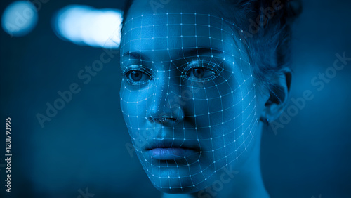 Woman's face with digital facial recognition overlay in dark interior photo