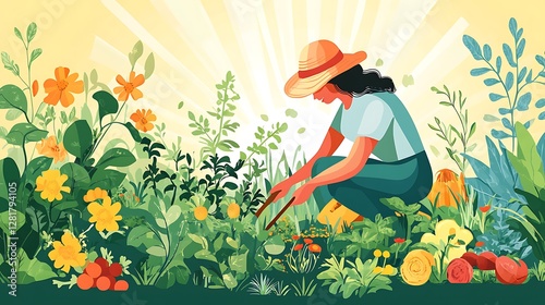 Woman Tending Vibrant Garden Under Sunny Skies
