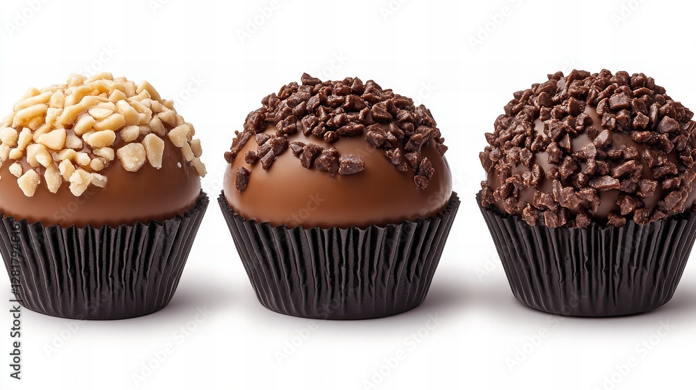 Three decadent chocolate truffles, each uniquely decorated with various toppings, sit on a white background. Three decadent chocolate truffles, each uniquely decorated with various toppings, sit on a white background.