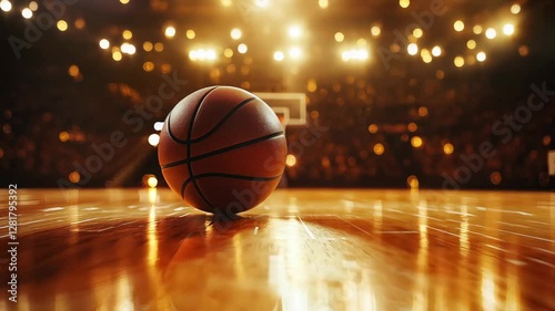 A basketball rests on the polished court as bright arena lights illuminate the surroundings during an intense game atmosphere