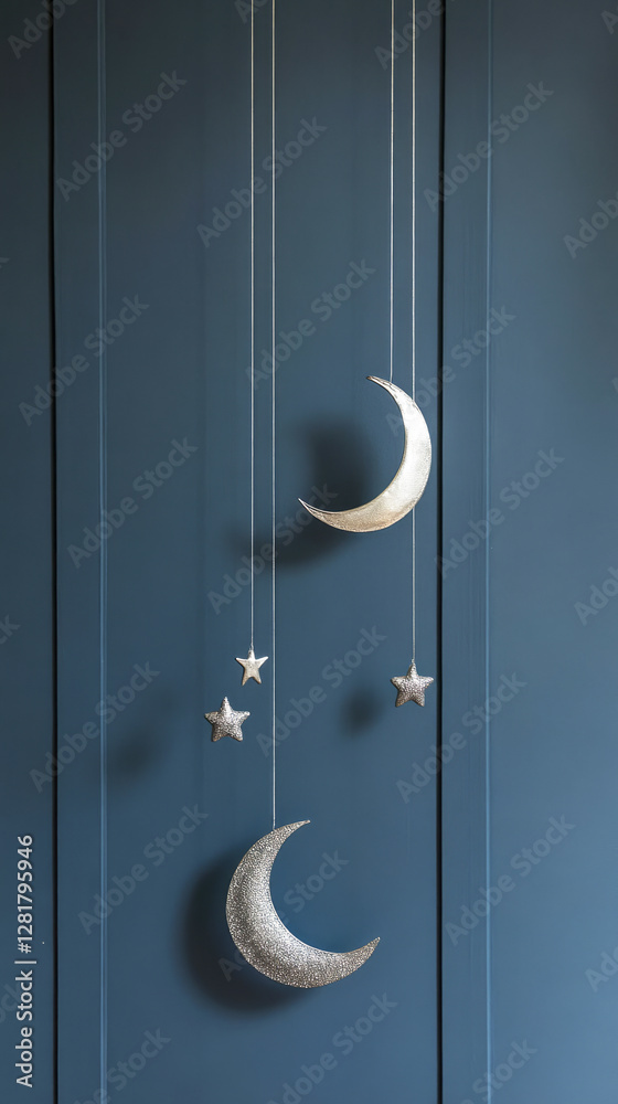 A clean, minimal mock-up of a children party or a child bedroom backdrop with a dark blue-gray wall, silver moon and stars hanging on thread, adding a playful yet elegant touch