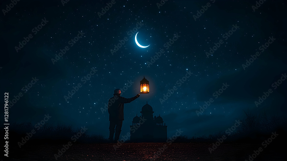 Obraz premium Night sky, crescent moon, man holding lantern, mosque, faith