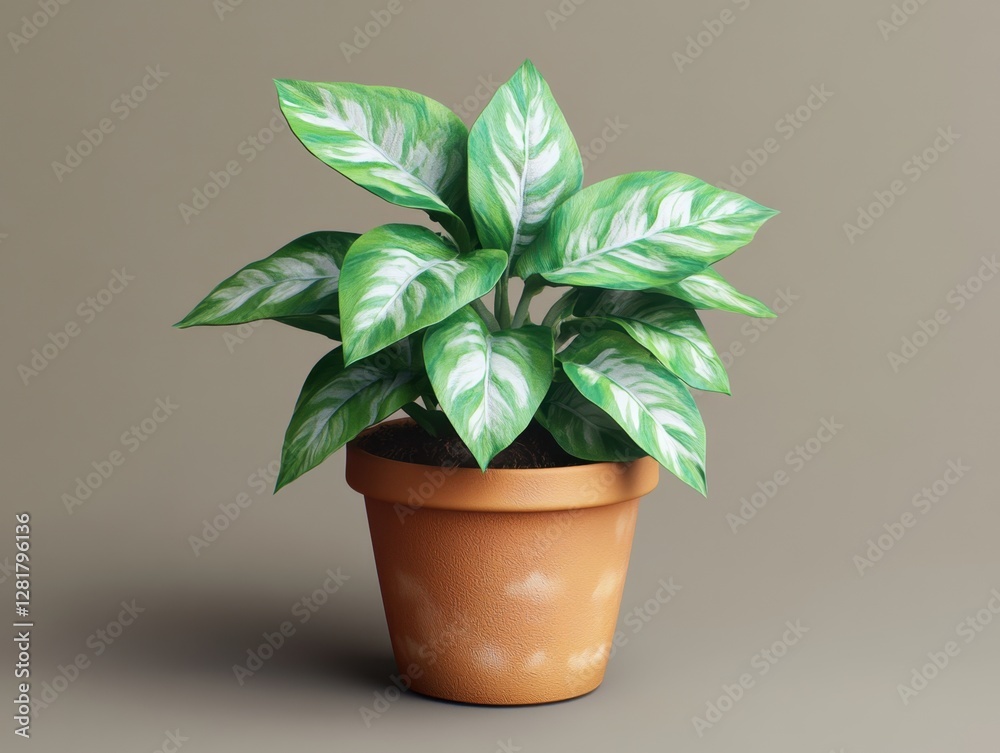 Fototapeta premium Silver evergreen plant in terracotta pot against neutral backdrop capturing indoor botanical beauty