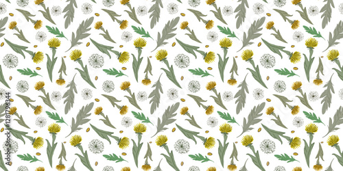 Seamless floral pattern with dandelions, leaves, and seeds on a white background in boho style for fabric, wallpaper, and design projects