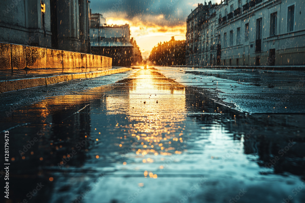 A quiet early morning on a wet city street, with droplets splashing from rooftops and the pavement shiny with water, soft light breaking through clouds creating a serene and reflective scene