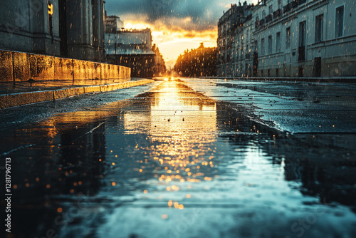Obraz na płótnie A quiet early morning on a wet city street, with droplets splashing from rooftops and the pavement shiny with water, soft light breaking through clouds creating a serene and reflective scene w salonie