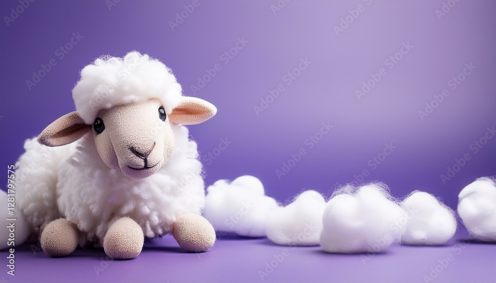 soft toy white sheep on purple background with cotton wool clouds with space for your text soft toy white sheep on purple background with cotton wool clouds with space for your text