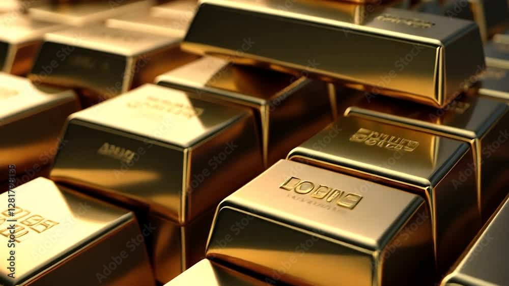 Close-up of shiny gold bars stacked together. Close-up of shiny gold bars stacked together.
