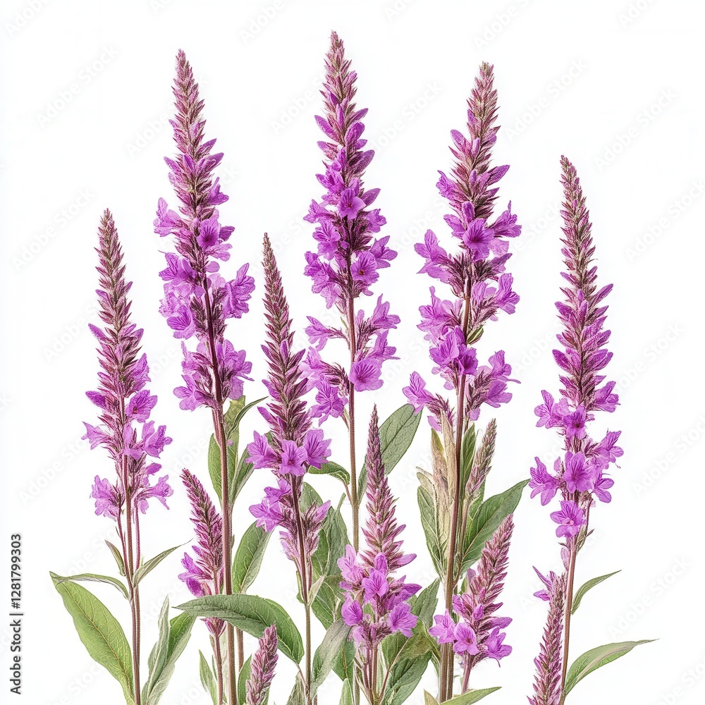 Fototapeta premium Captivating purple loosestrife flowers on white backdrop floral arrangement botanical beauty nature photography studio shot