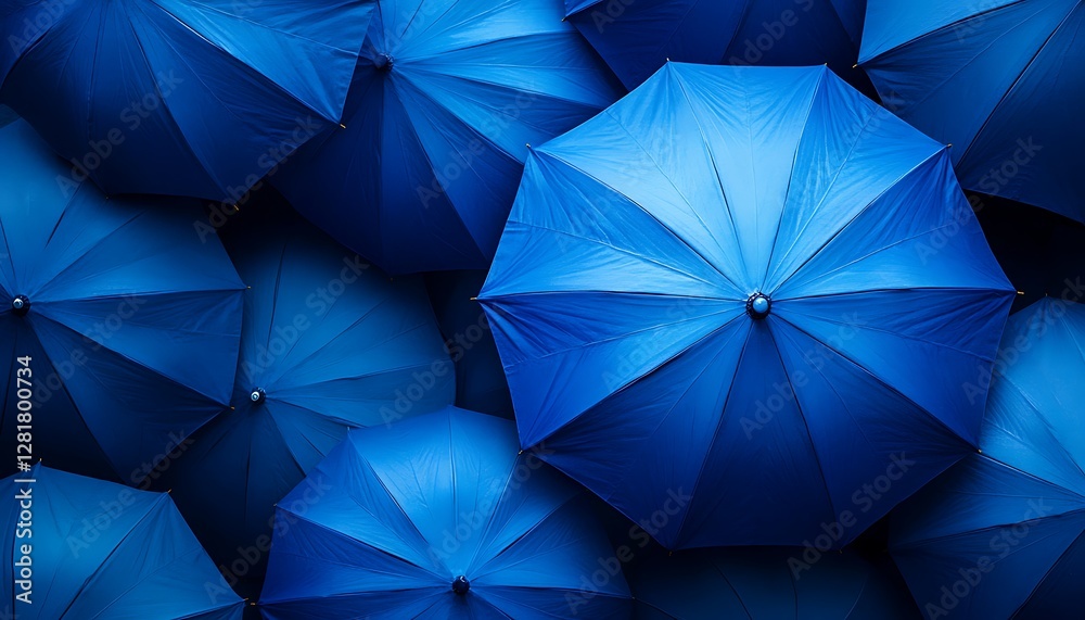© Bila - Blue umbrellas overhead, city background, protection concept