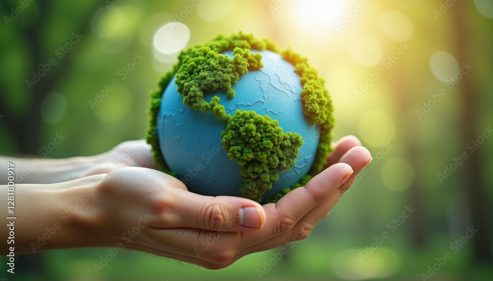 Human hands holding a green planet symbolizing environmental protection in a lush forest
Human hands holding a green planet symbolizing environmental protection in a lush forest
