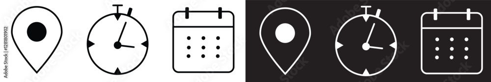 Date, time, and location icons – calendar, clock, and pin symbols Date, time, and location icons – calendar, clock, and pin symbols