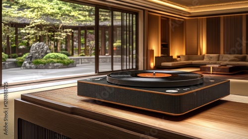 Modern turntable plays vinyl in zen garden view room photo