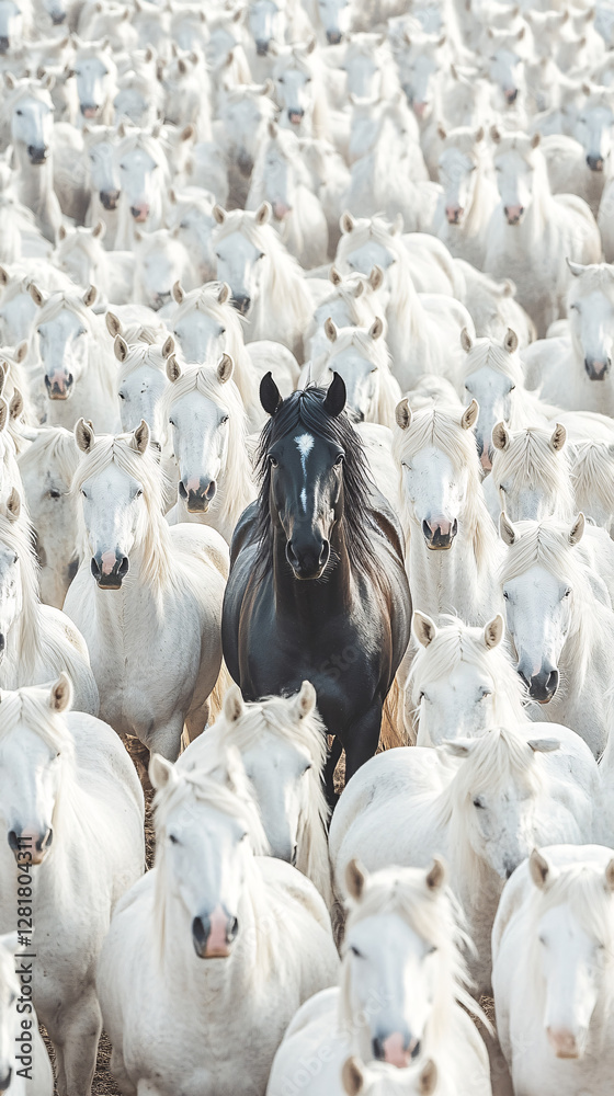 Obraz premium Black Sheep Standing Out in a Dense Crowd of White Sheep, Symbolizing Individuality, Uniqueness, and Contrast in a Thought-Provoking Composition