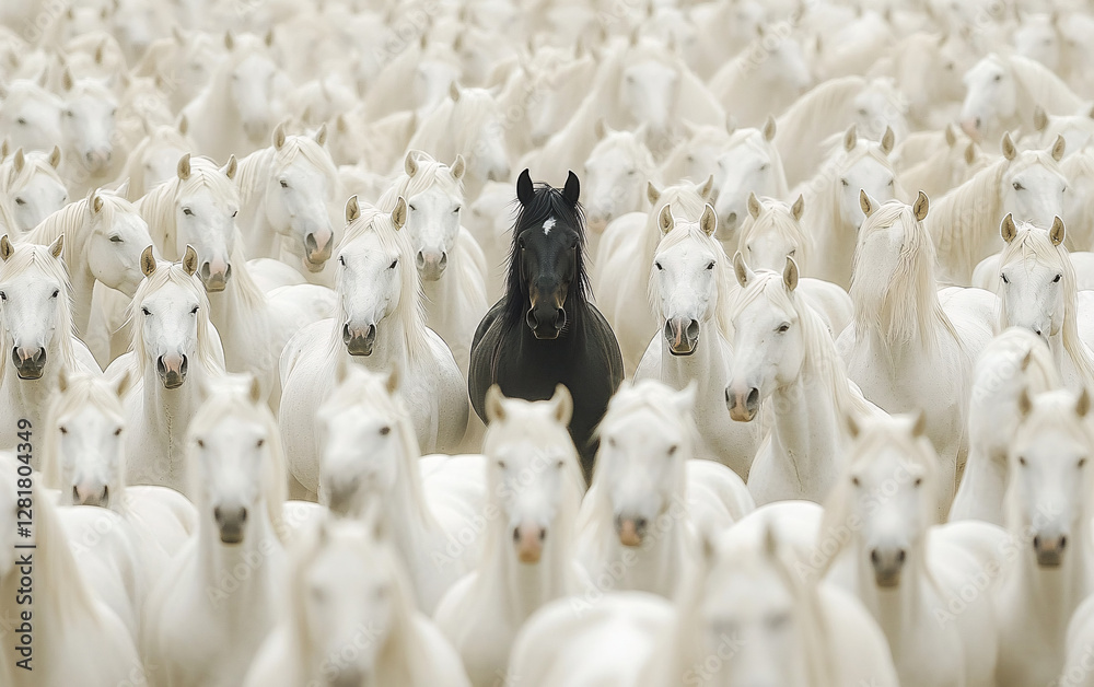 Obraz premium Black Sheep Standing Out in a Dense Crowd of White Sheep, Symbolizing Individuality, Uniqueness, and Contrast in a Thought-Provoking Composition
