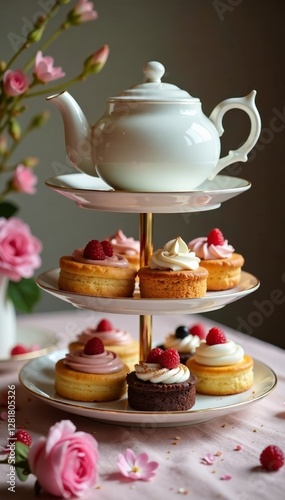 Wallpaper Mural Teapots and teacups stacked on a tiered serving dish surrounded by colorful sweets and cakes, teapots, tiered serving, wonderland Torontodigital.ca