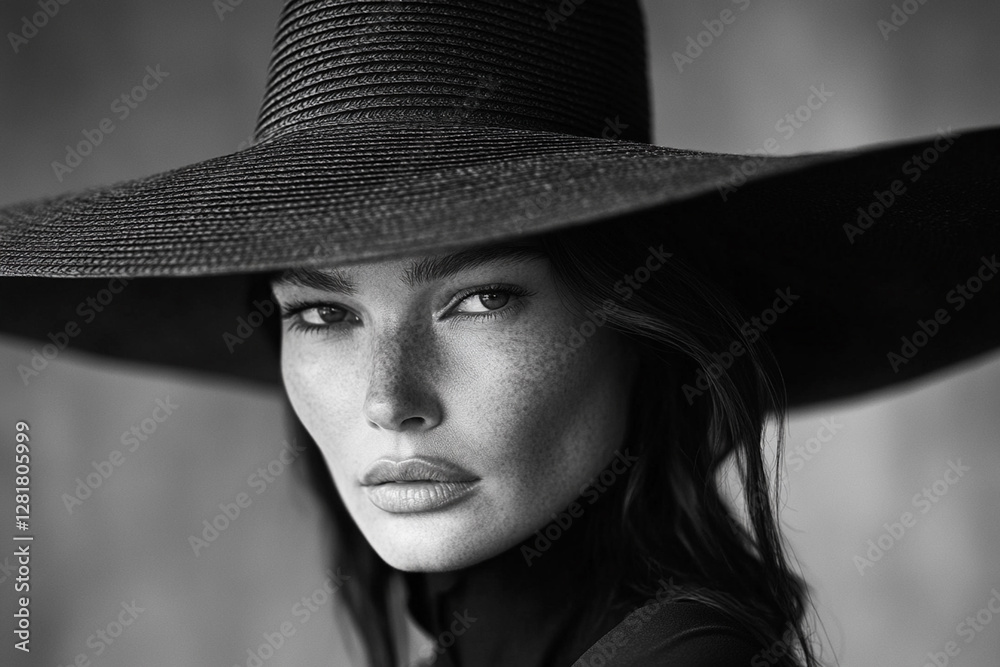 Freckled model wearing a wide-brimmed black hat poses elegantly in black and white portrait photography Freckled model wearing a wide-brimmed black hat poses elegantly in black and white portrait photography